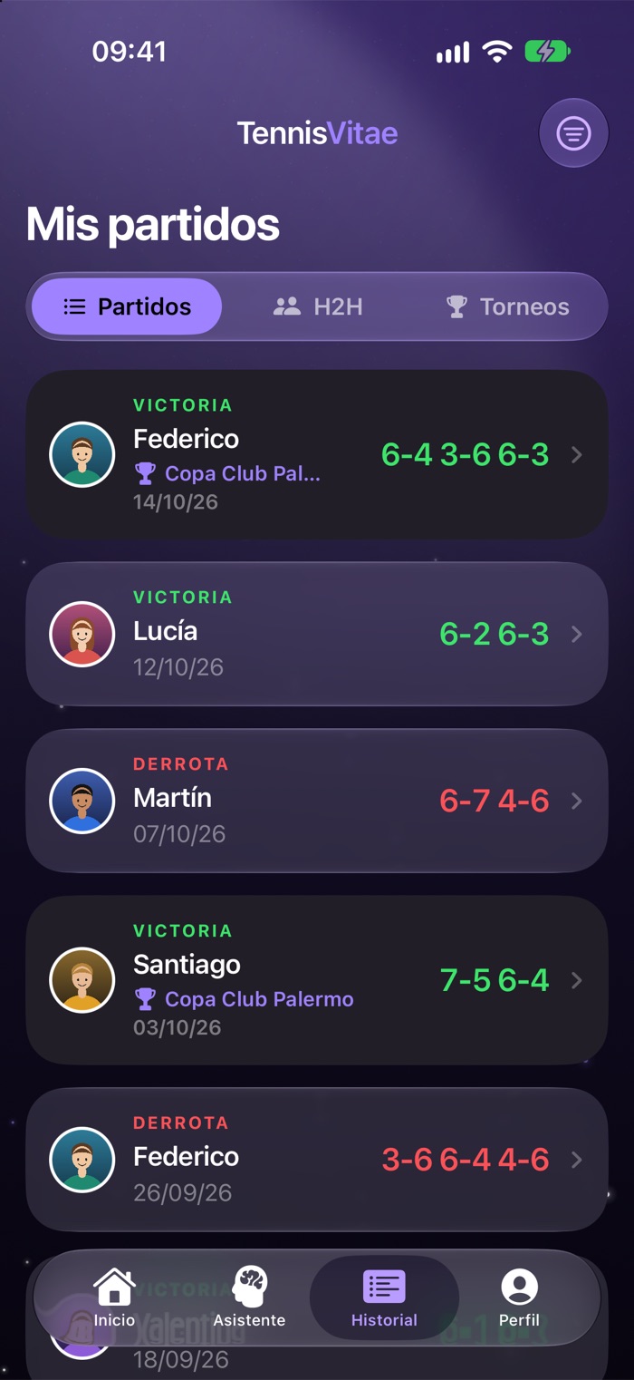 Historial de partidos con la foto del rival, el resultado y el torneo